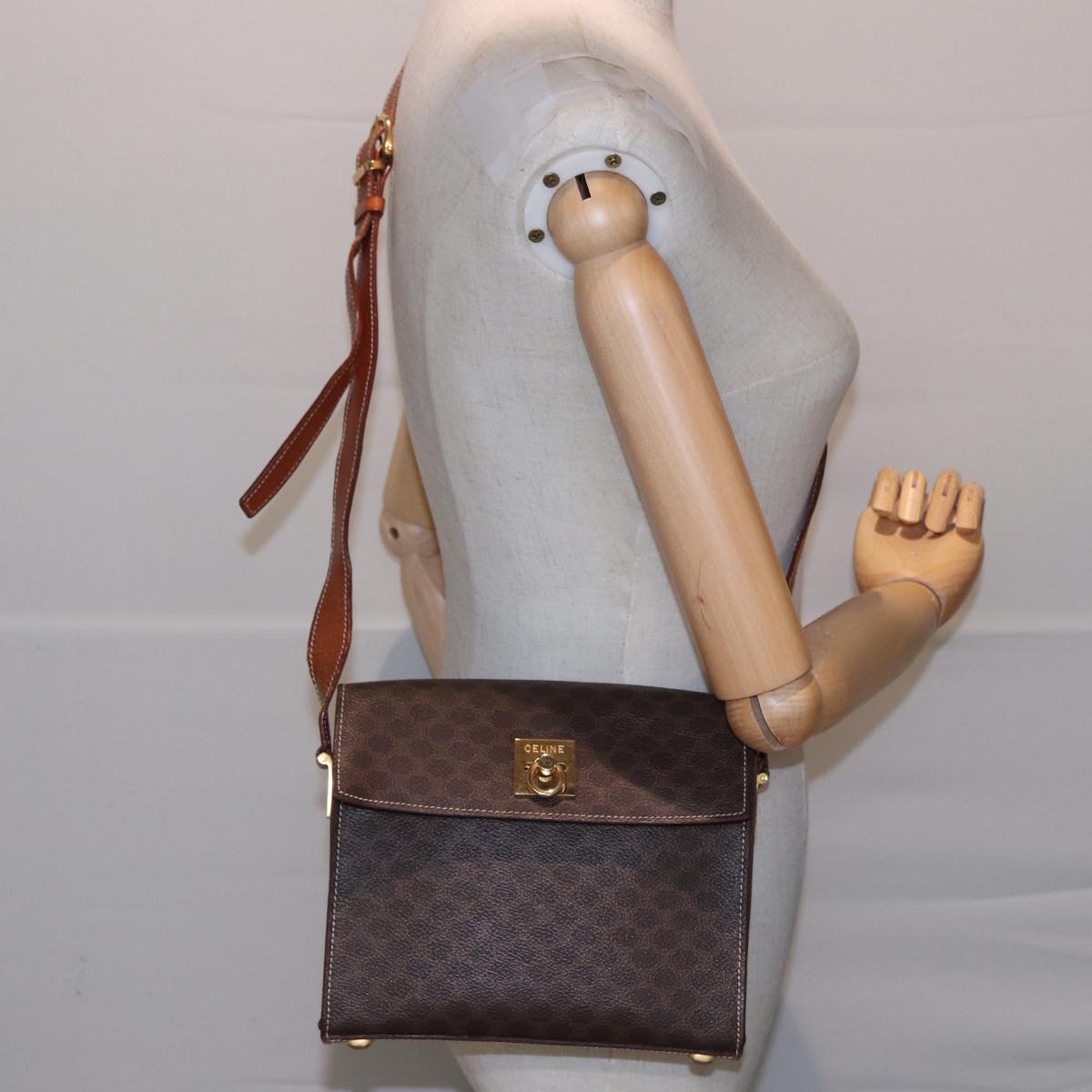 CELINE Macadam Canvas Shoulder Bag PVC Leather Brown Auth 78221