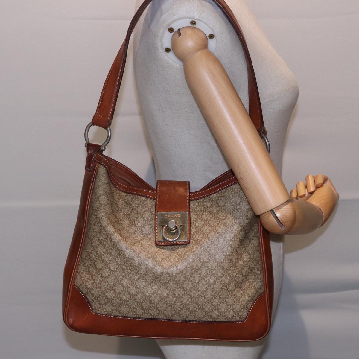 CELINE Macadam Canvas Shoulder Bag Beige Auth 78224