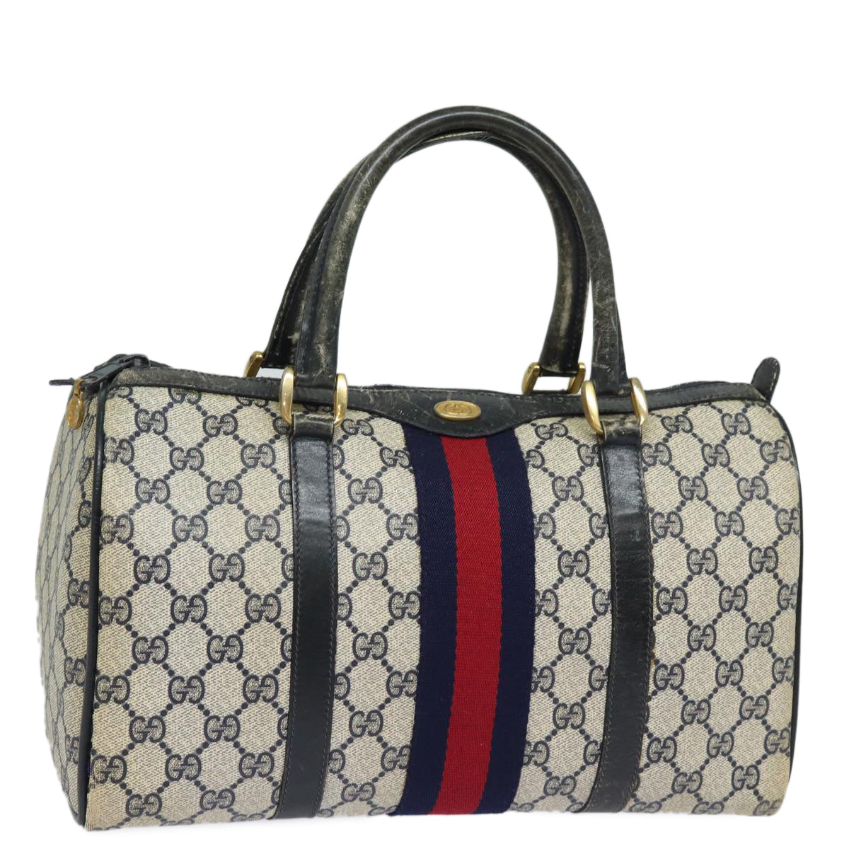 GUCCI GG Canvas Sherry Line Boston Bag Navy Red 012 3842 33 39 Auth 78228