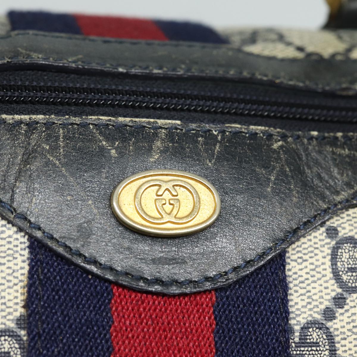 GUCCI GG Canvas Sherry Line Boston Bag Navy Red 012 3842 33 39 Auth 78228