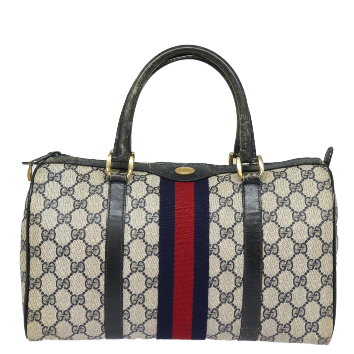 GUCCI GG Canvas Sherry Line Boston Bag Navy Red 012 3842 33 39 Auth 78228 - 0