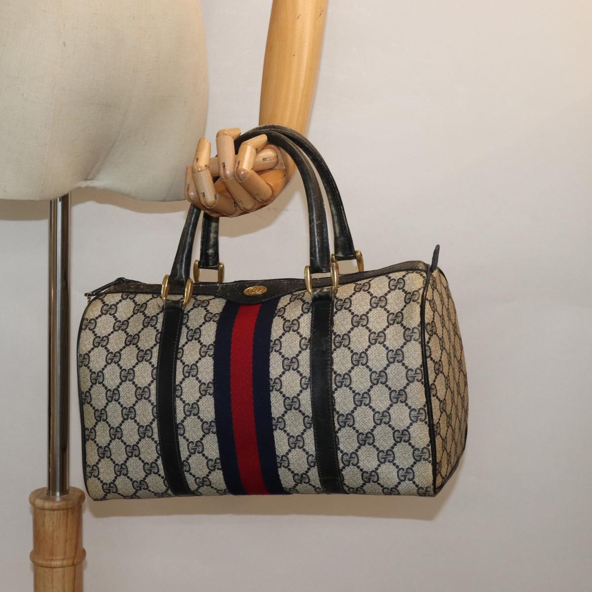 GUCCI GG Canvas Sherry Line Boston Bag Navy Red 012 3842 33 39 Auth 78228