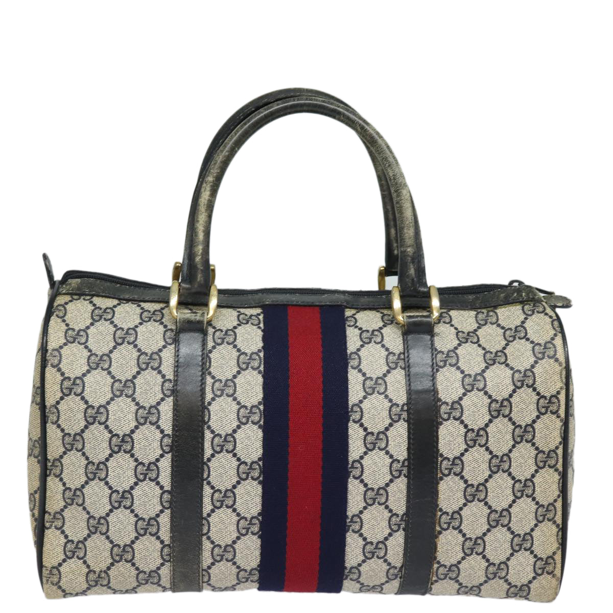 GUCCI GG Canvas Sherry Line Boston Bag Navy Red 012 3842 33 39 Auth 78228