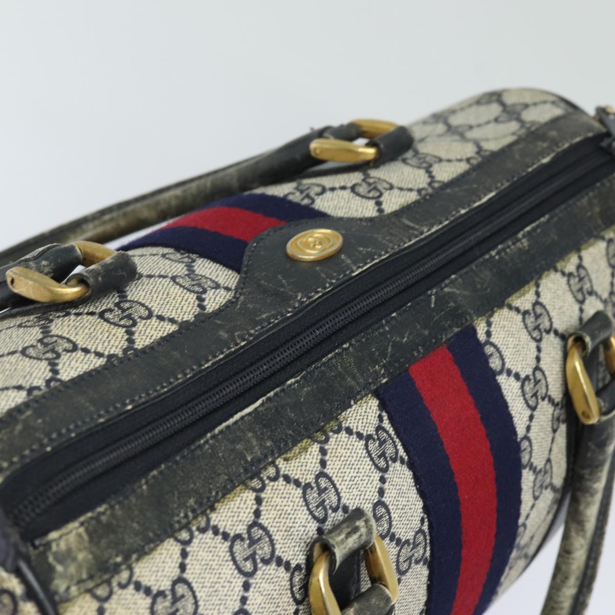 GUCCI GG Canvas Sherry Line Boston Bag Navy Red 012 3842 33 39 Auth 78228