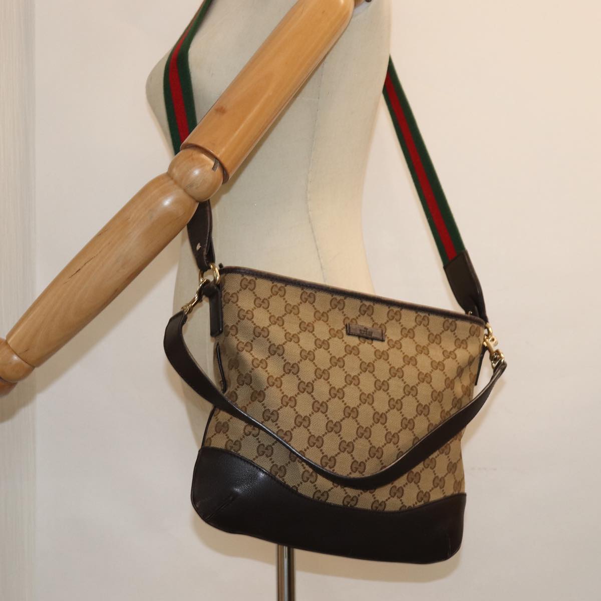 GUCCI GG Canvas Web Sherry Line Shoulder Bag Outlet 2way Beige 388927 Auth 78234