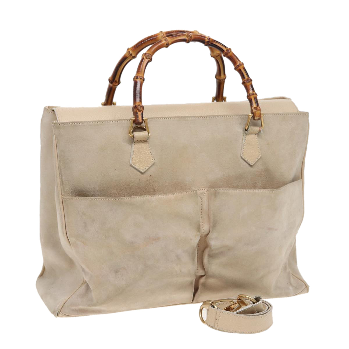 GUCCI Bamboo Tote Bag Suede 2way Beige 002 2855 0322 0 Auth 78245