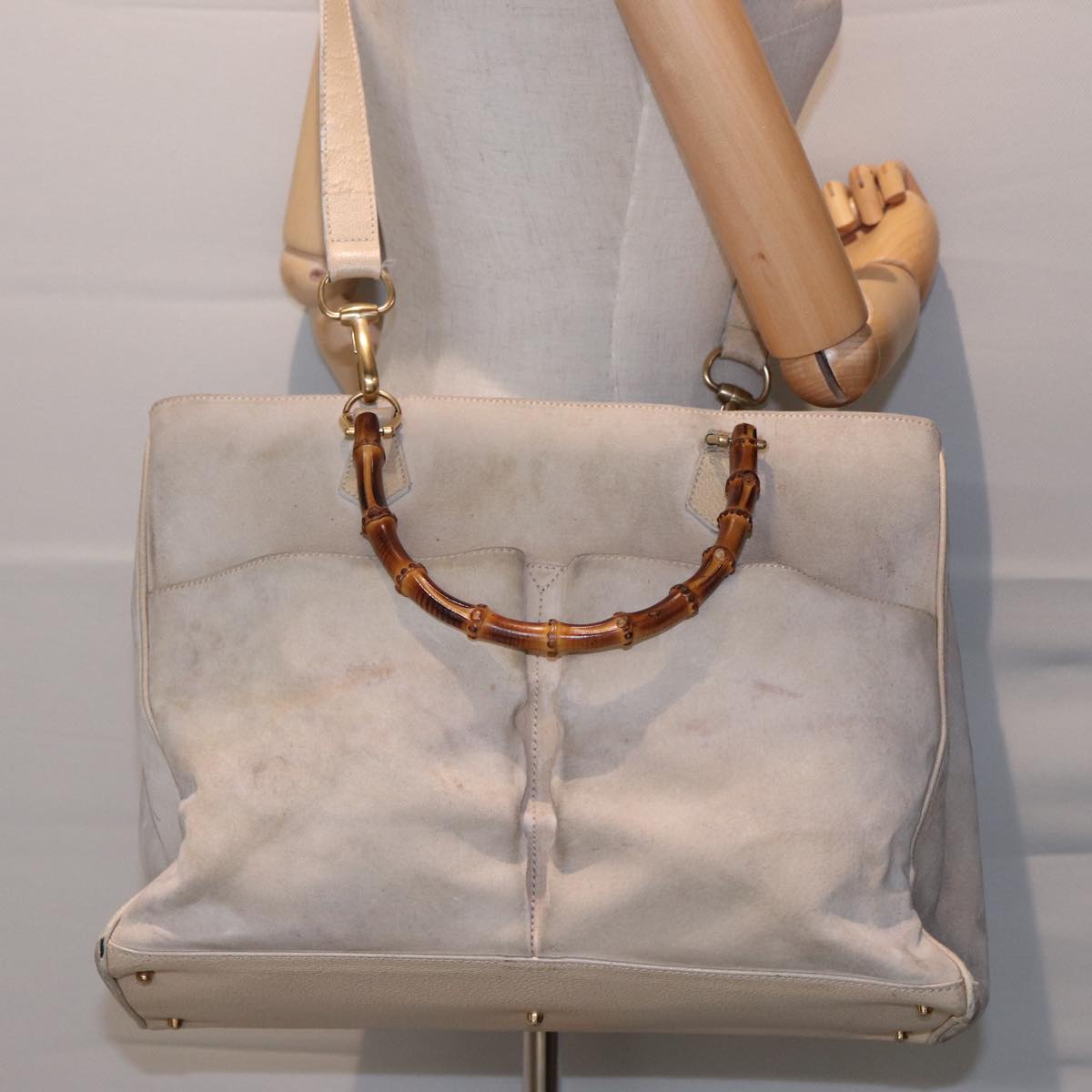 GUCCI Bamboo Tote Bag Suede 2way Beige 002 2855 0322 0 Auth 78245