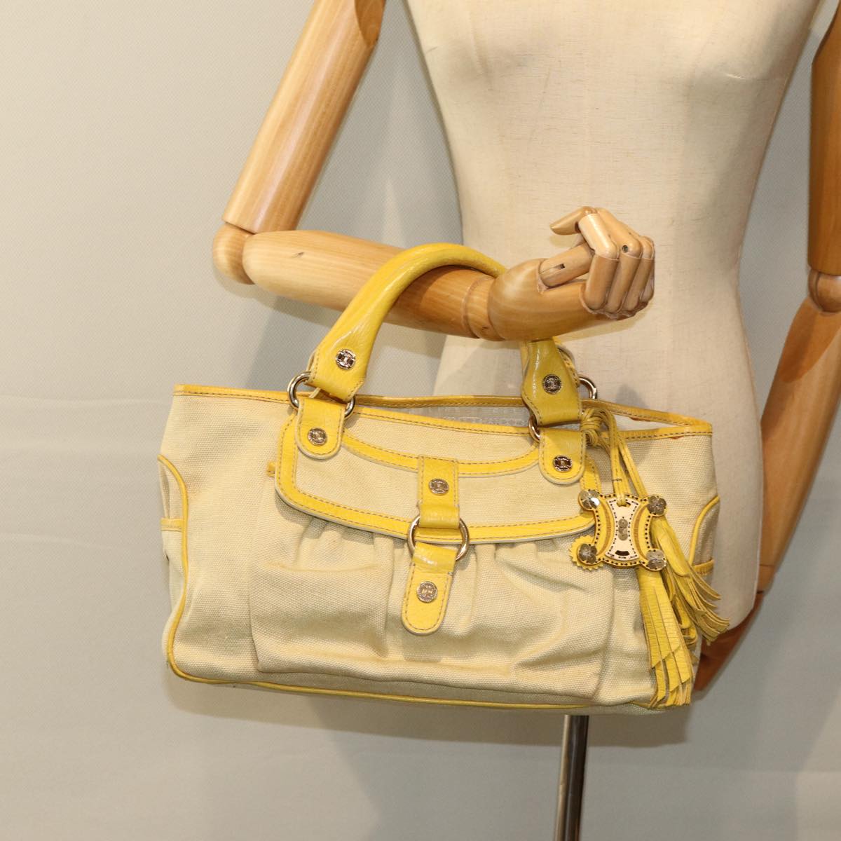 CELINE Hand Bag Canvas Yellow Beige Auth 78273