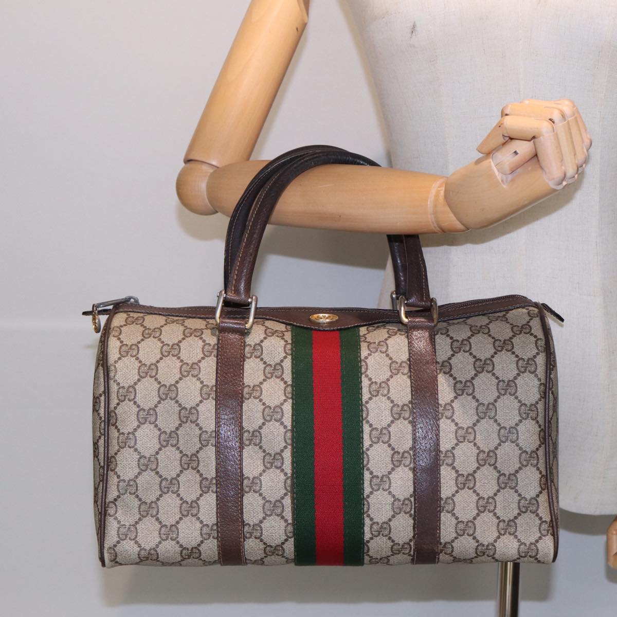 GUCCI GG Supreme Web Sherry Line Boston Bag PVC Beige Red 012 3842 Auth 78291