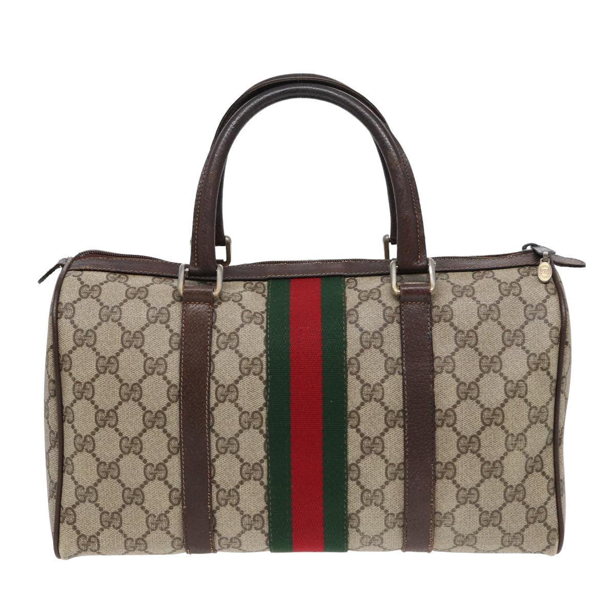 GUCCI GG Supreme Web Sherry Line Boston Bag PVC Beige Red 012 3842 Auth 78291