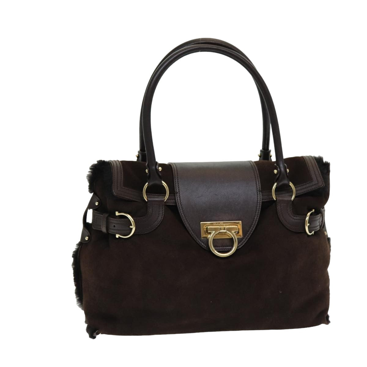 Salvatore Ferragamo Gancini Shoulder Bag Mouton Brown Auth 78297