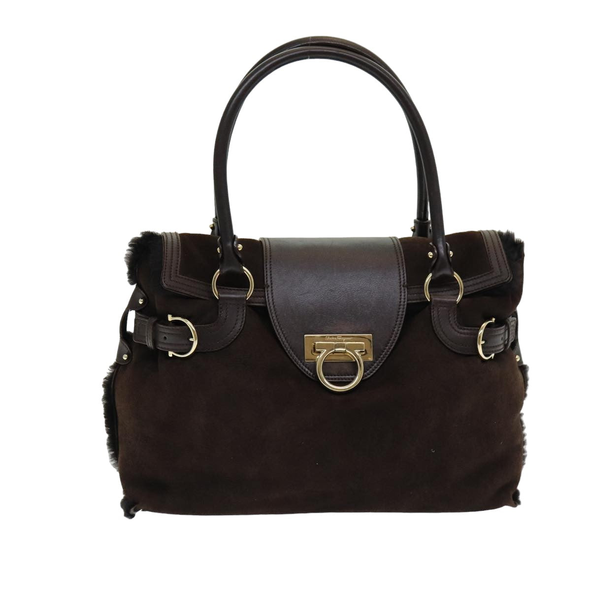 Salvatore Ferragamo Gancini Shoulder Bag Mouton Brown Auth 78297