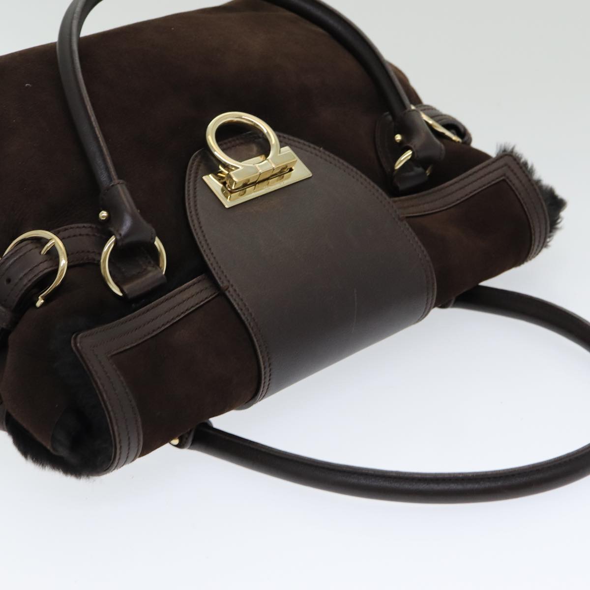 Salvatore Ferragamo Gancini Shoulder Bag Mouton Brown Auth 78297