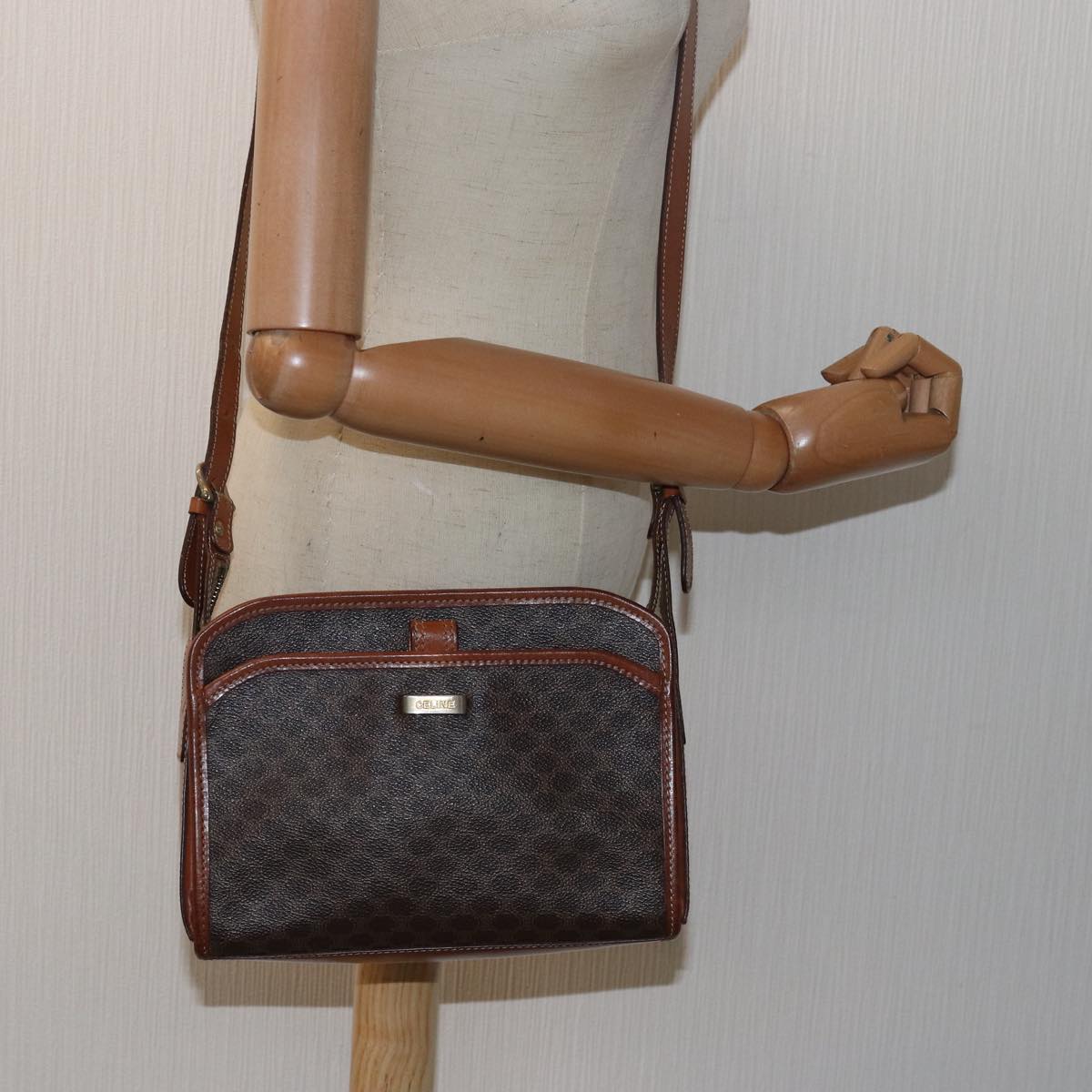 CELINE Macadam Canvas Shoulder Bag PVC Leather Brown Auth 78317