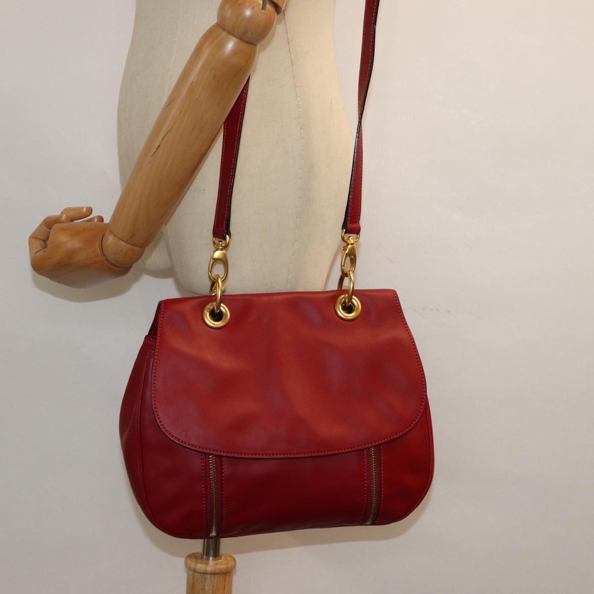 CELINE Shoulder Bag Leather 2way Red Auth 78318