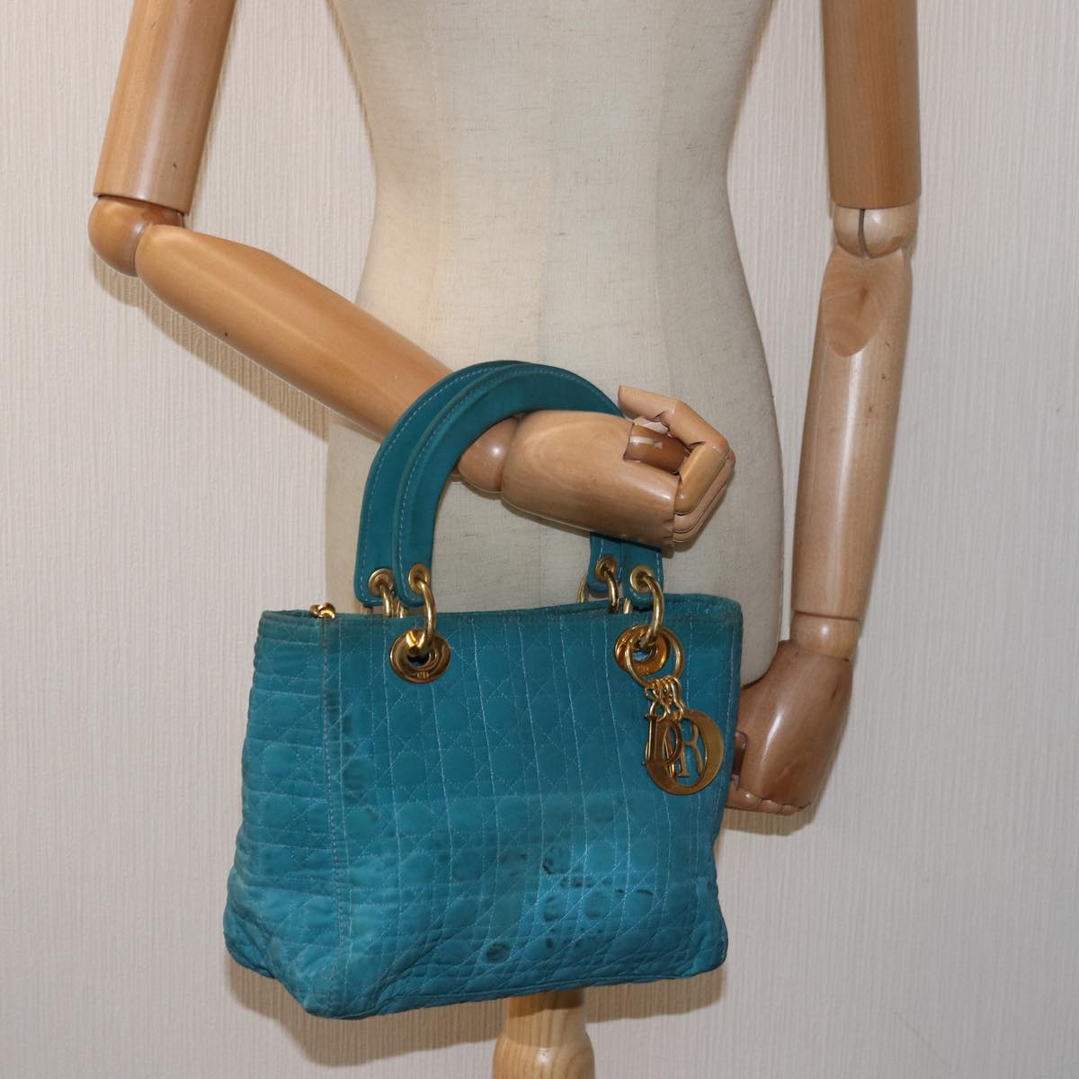 Christian Dior Lady Dior Canage Hand Bag Nylon Turquoise Blue Auth 78336