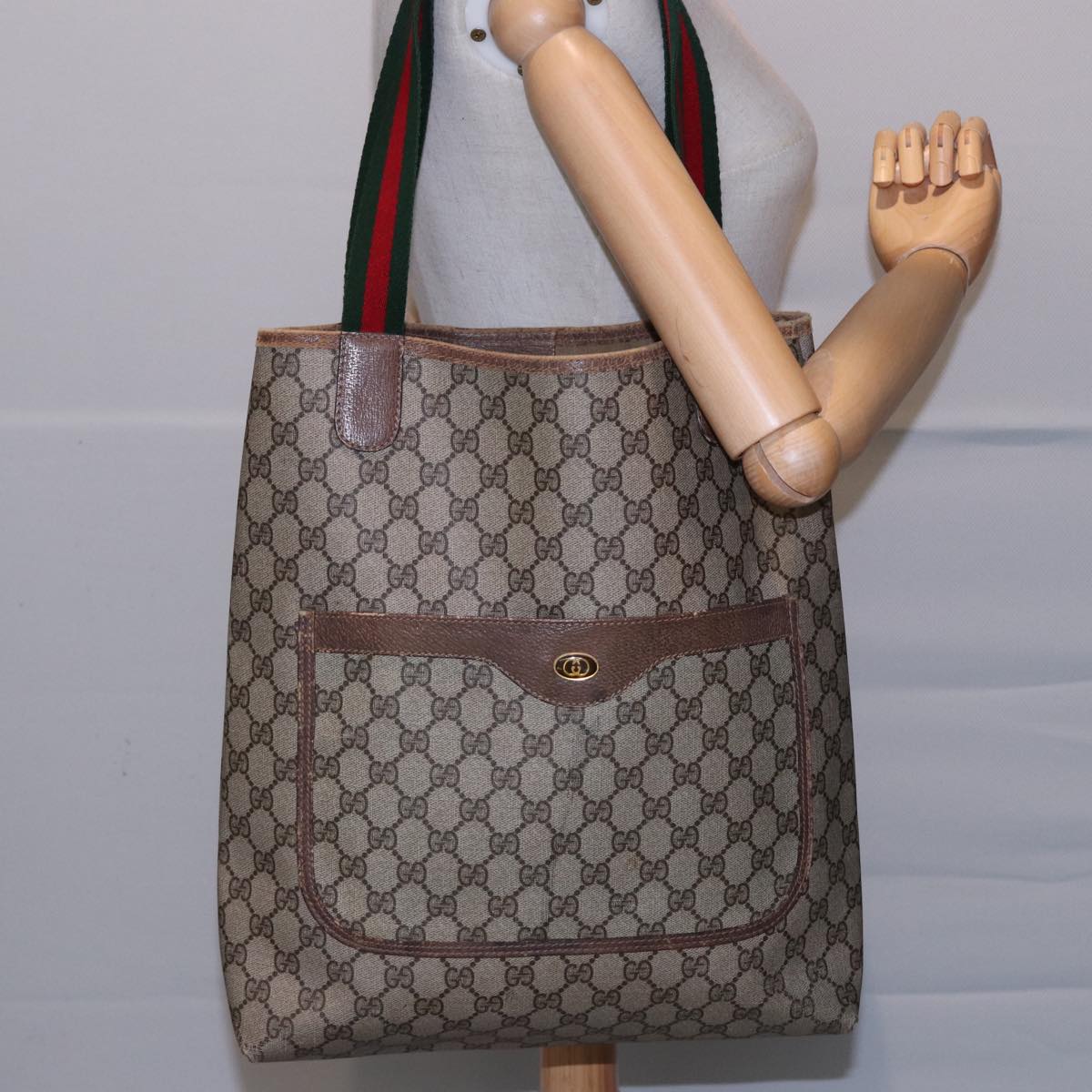 GUCCI GG Supreme Web Sherry Line Tote Bag PVC Beige Red 39 02 003 Auth 78340