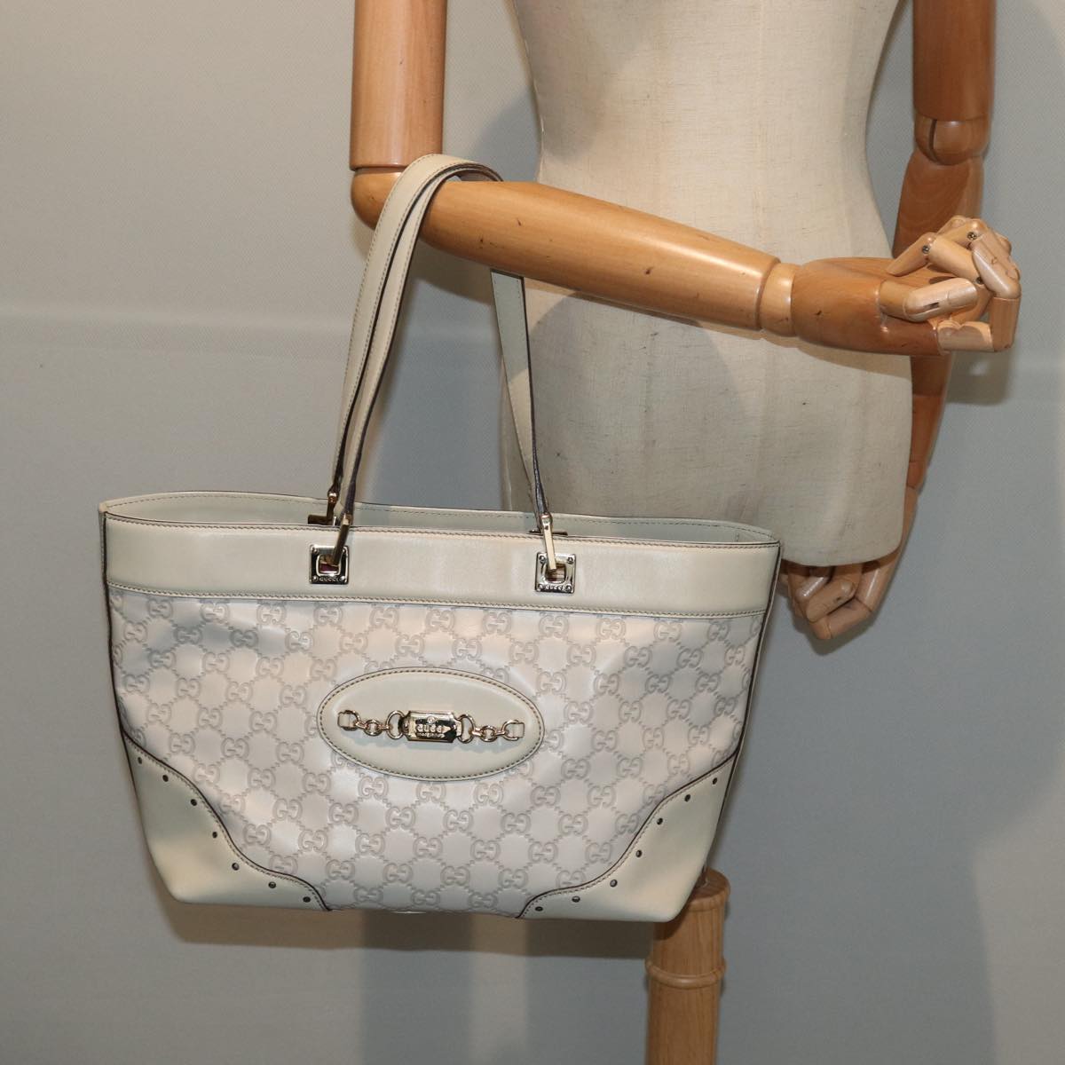 GUCCI GG Canvas Guccissima Tote Bag White 145993 Auth 78358