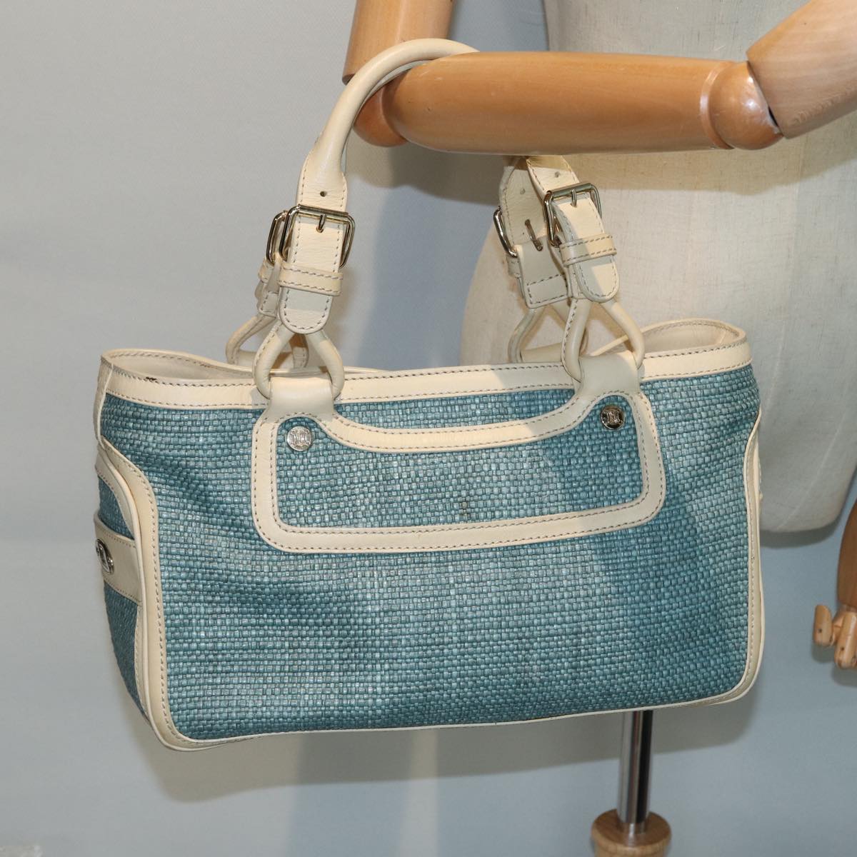 CELINE Hand Bag straw Light Blue Auth 78359