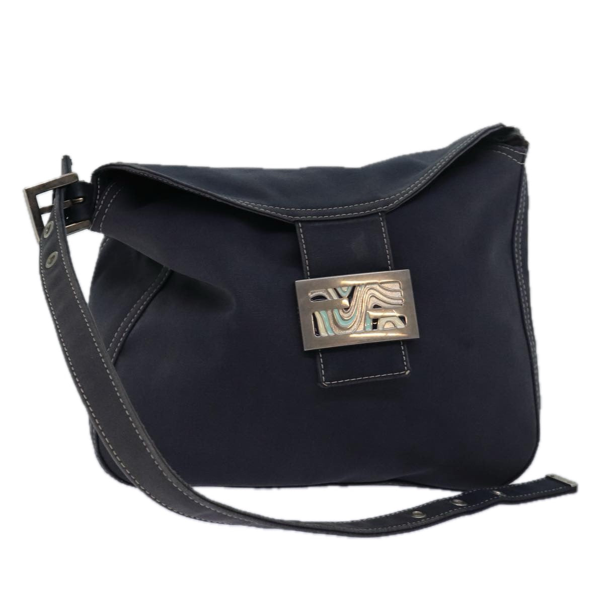 FENDI Mamma Baguette Shoulder Bag Canvas Gray Auth 78396