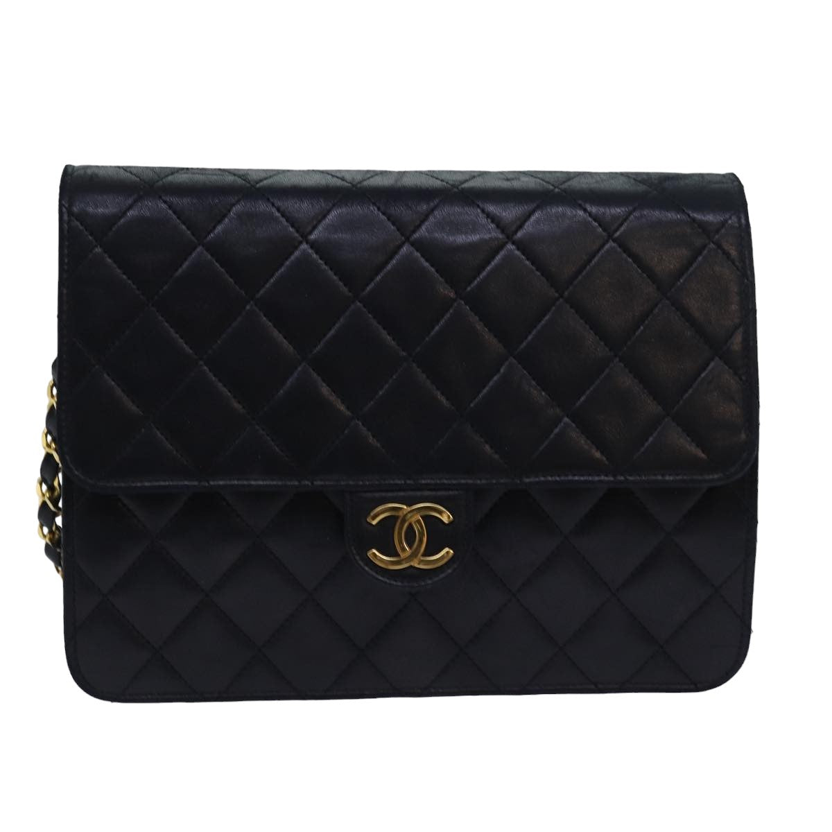 CHANEL Matelasse Chain Shoulder Bag Lamb Skin Black CC Auth 78416