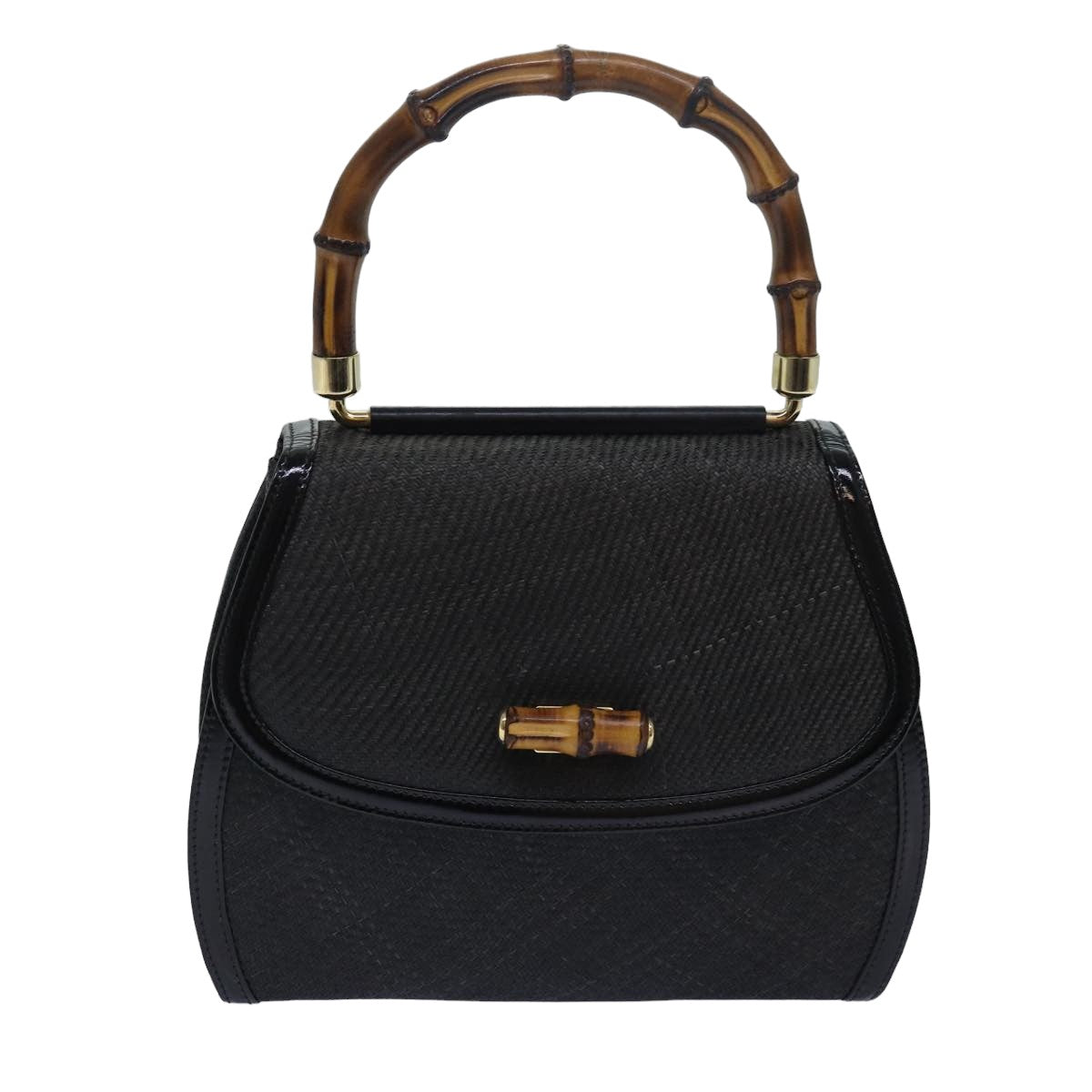 GUCCI Bamboo Hand Bag Straw Gray Black 000 46 0266 Auth 78429