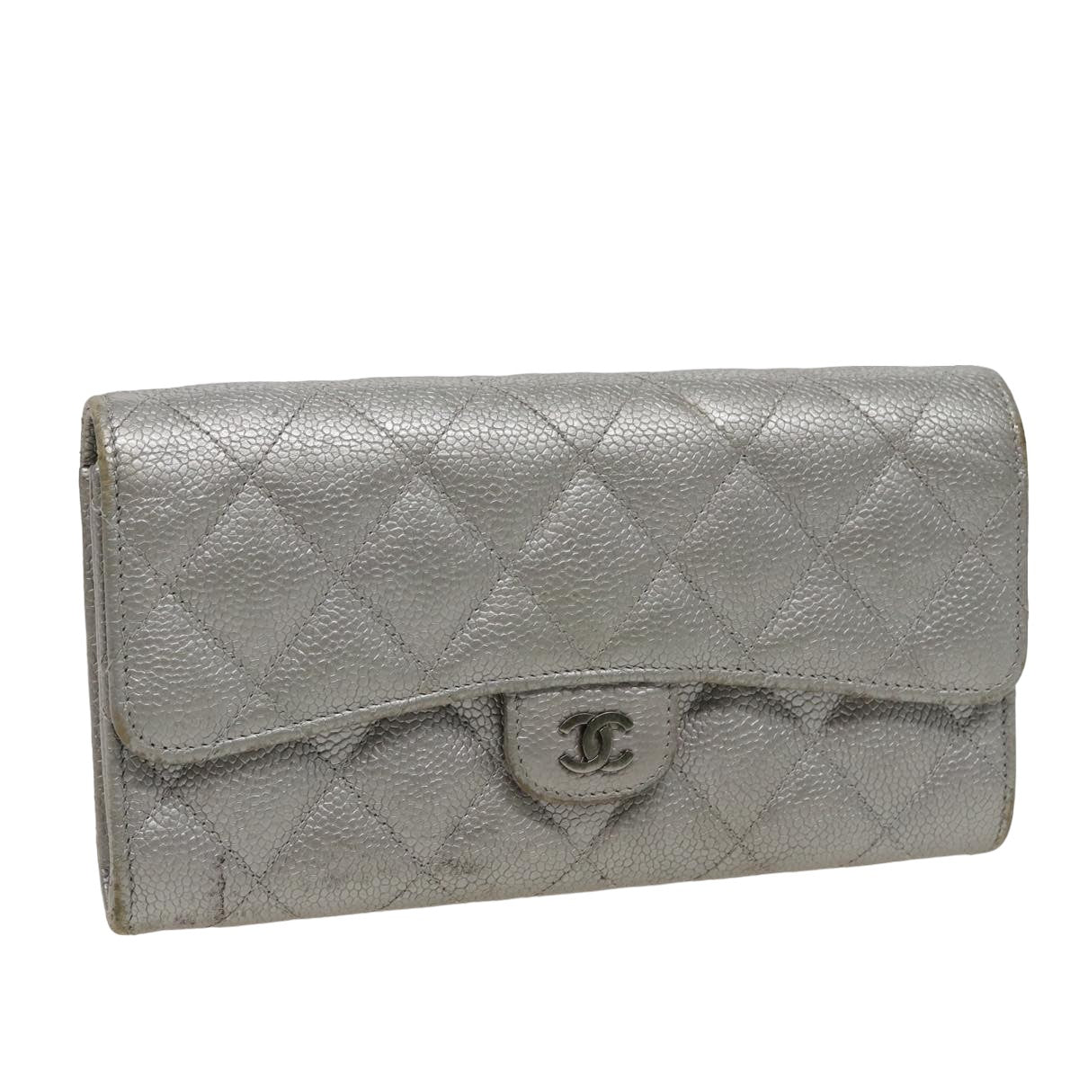 CHANEL Matelasse Long Wallet Caviar Skin Silver CC Auth 78446