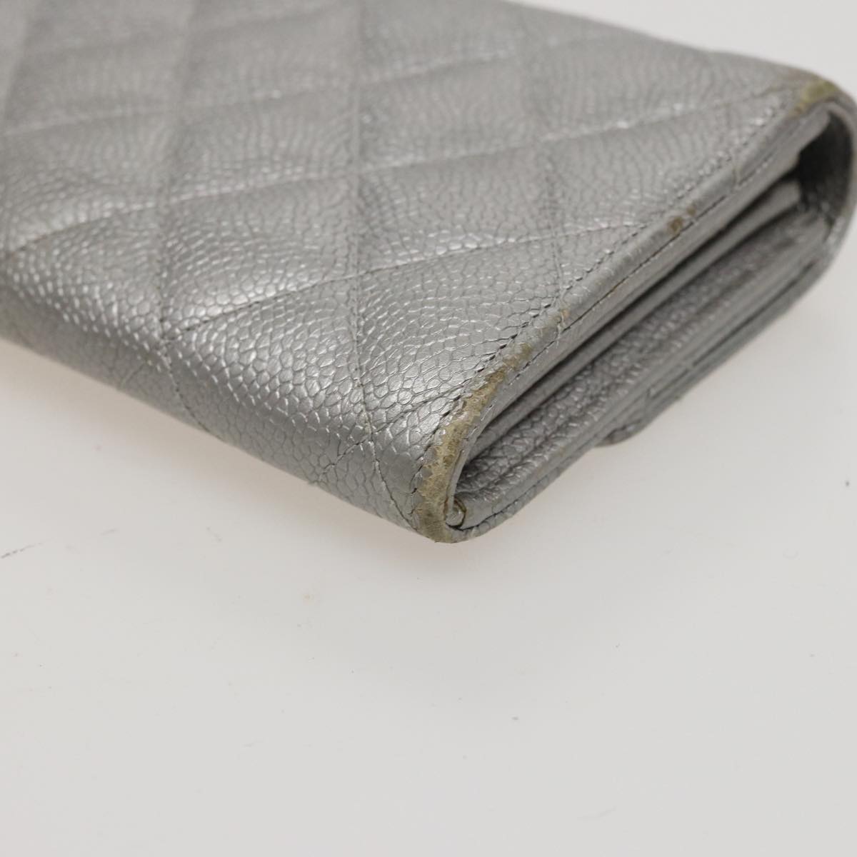 CHANEL Matelasse Long Wallet Caviar Skin Silver CC Auth 78446