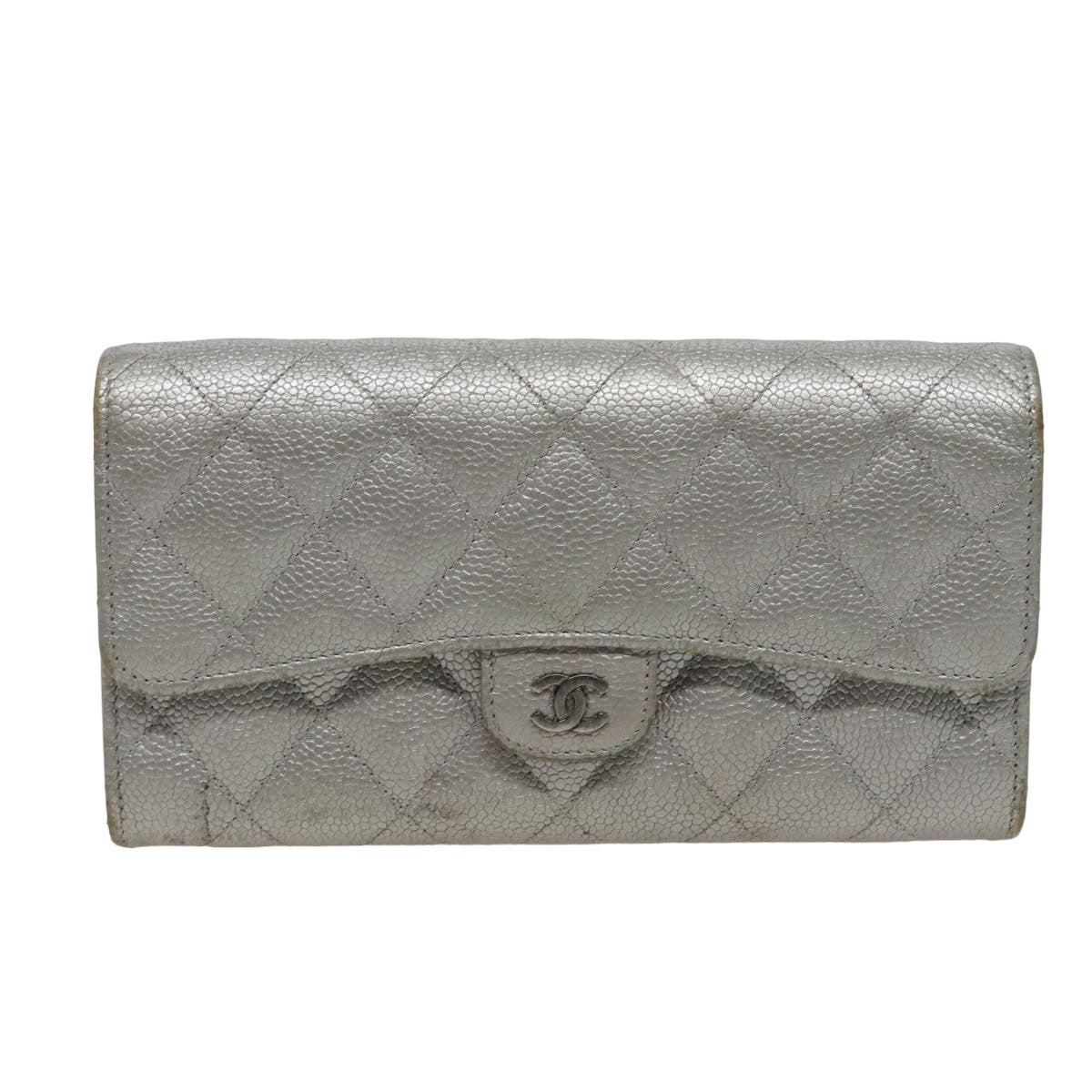 CHANEL Matelasse Long Wallet Caviar Skin Silver CC Auth 78446 - 0