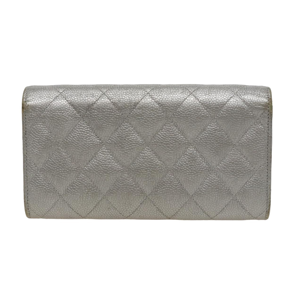 CHANEL Matelasse Long Wallet Caviar Skin Silver CC Auth 78446