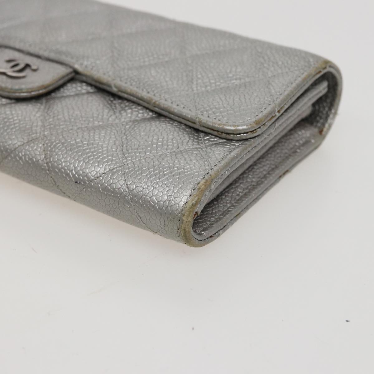 CHANEL Matelasse Long Wallet Caviar Skin Silver CC Auth 78446