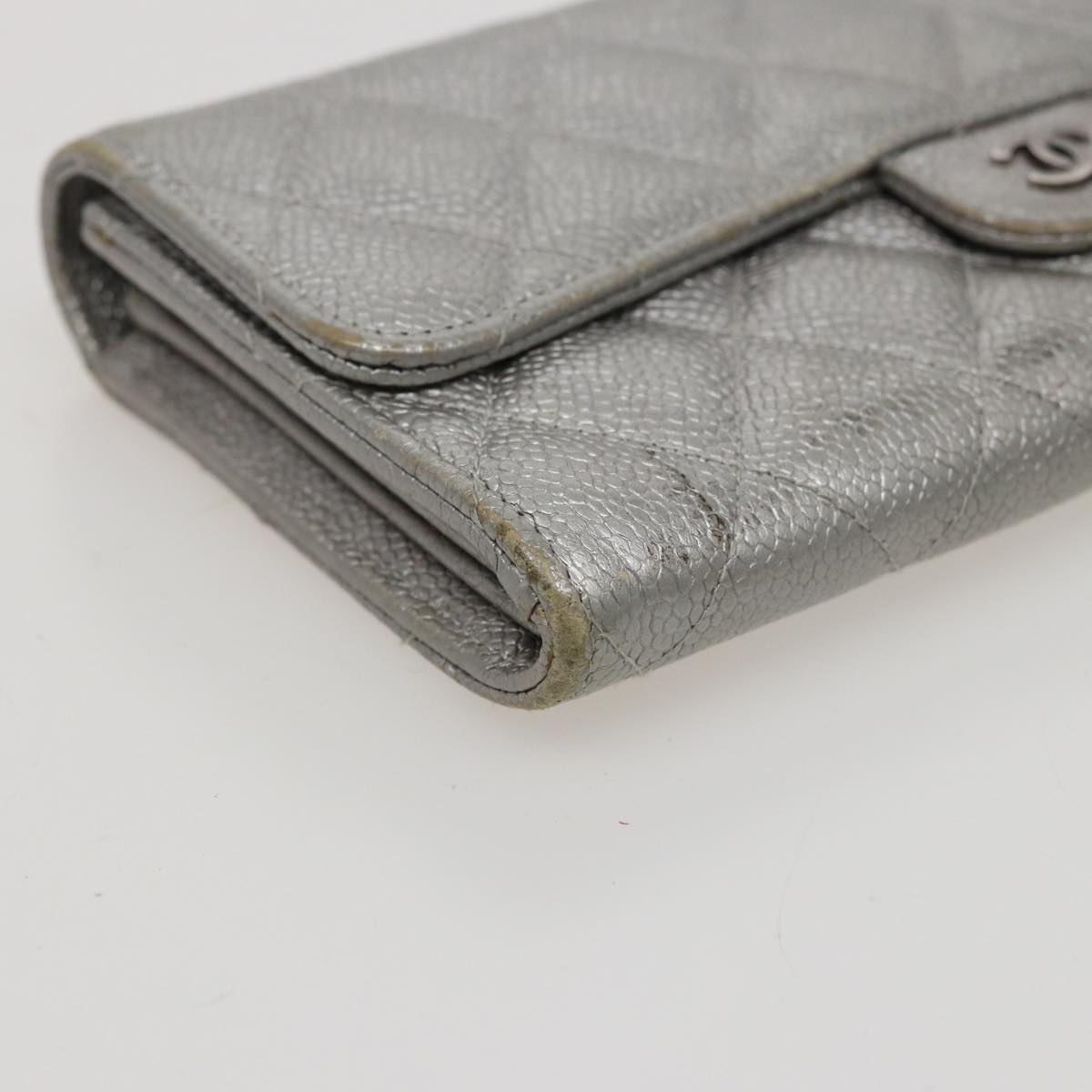 CHANEL Matelasse Long Wallet Caviar Skin Silver CC Auth 78446