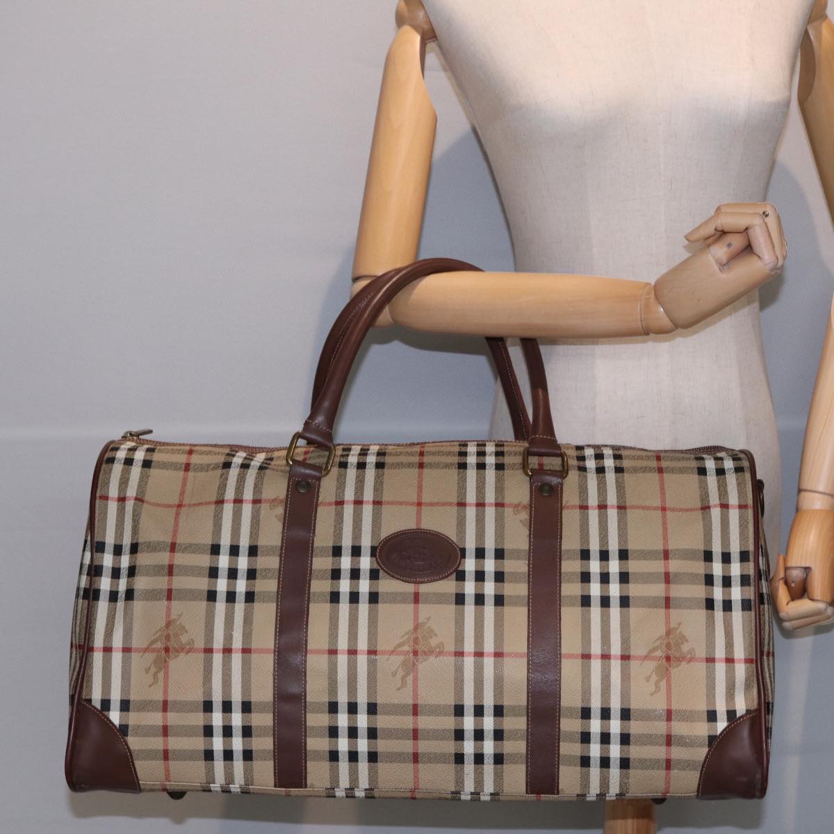 Burberrys Nova Check Boston Bag PVC Leather Beige Auth 78450