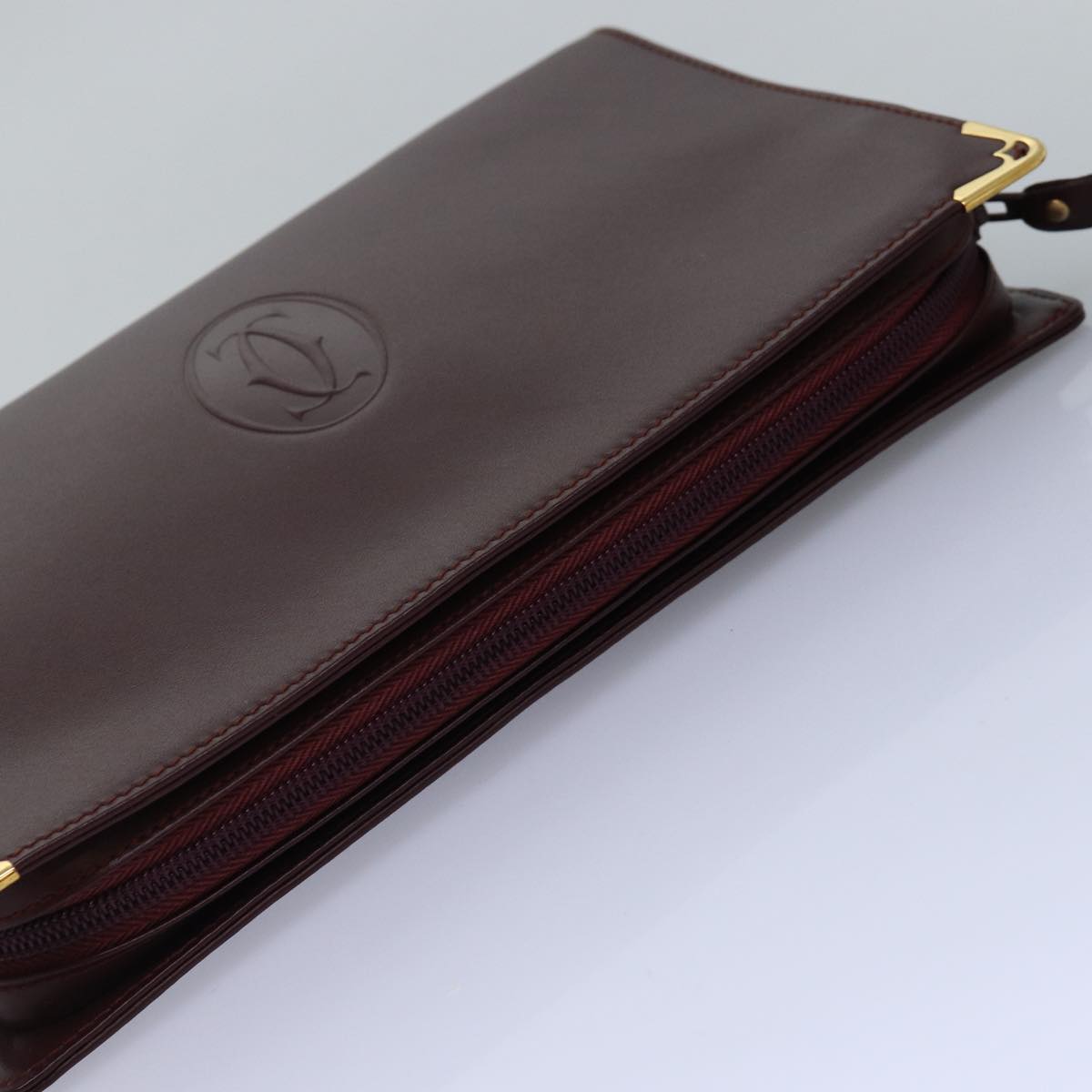 CARTIER Clutch Bag Leather Bordeaux Auth 78472