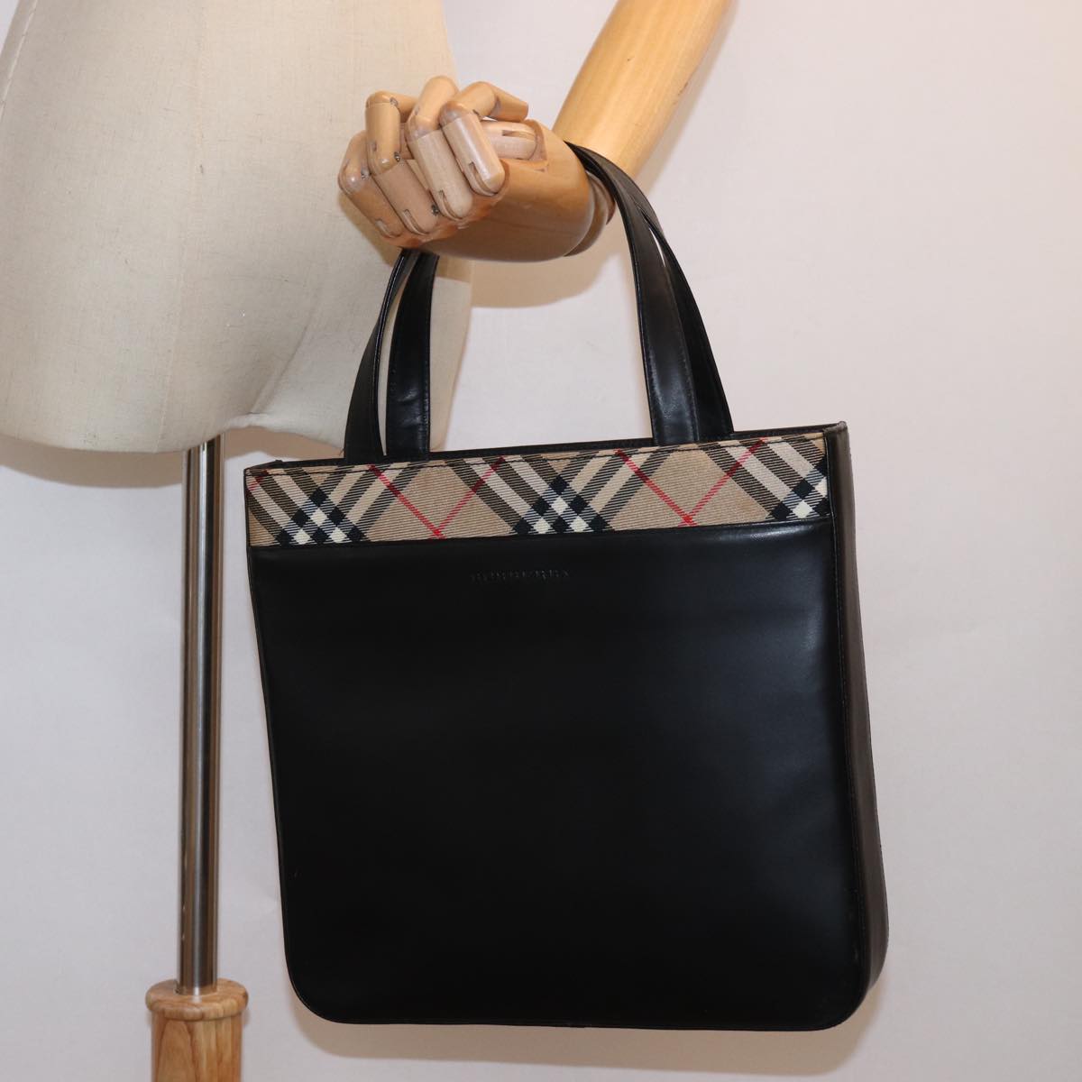 BURBERRY Nova Check Hand Bag Nylon Leather Beige Black Auth 78540