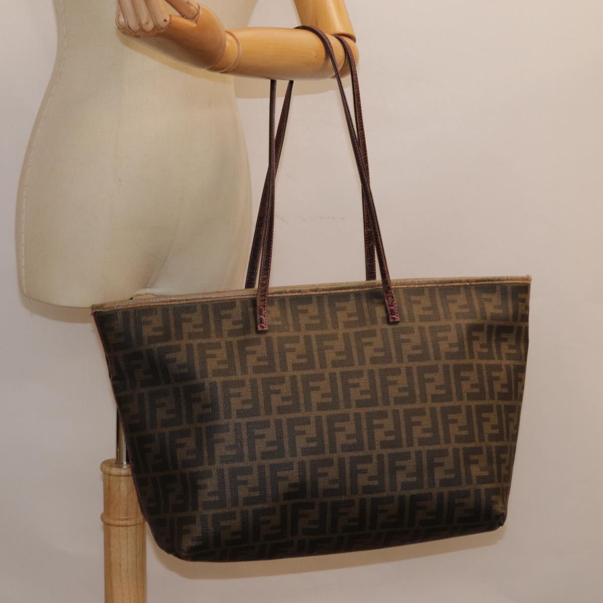 FENDI Zucca Canvas Tote Bag Brown Gold Auth 78561