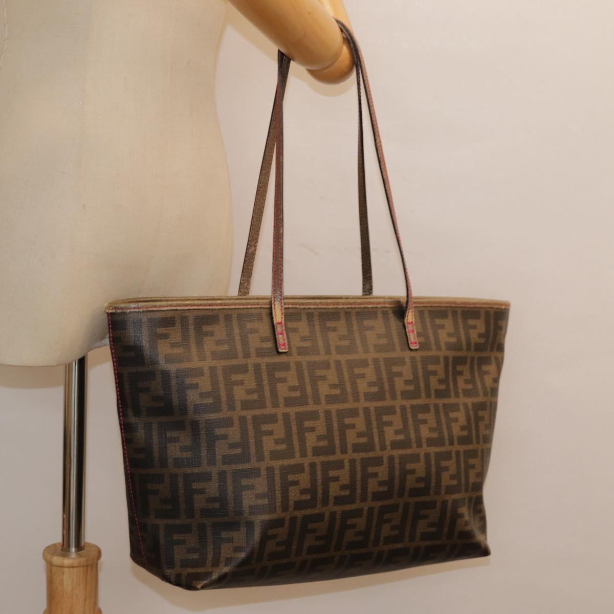 FENDI Zucca Canvas Tote Bag Brown Black gold Auth 78563