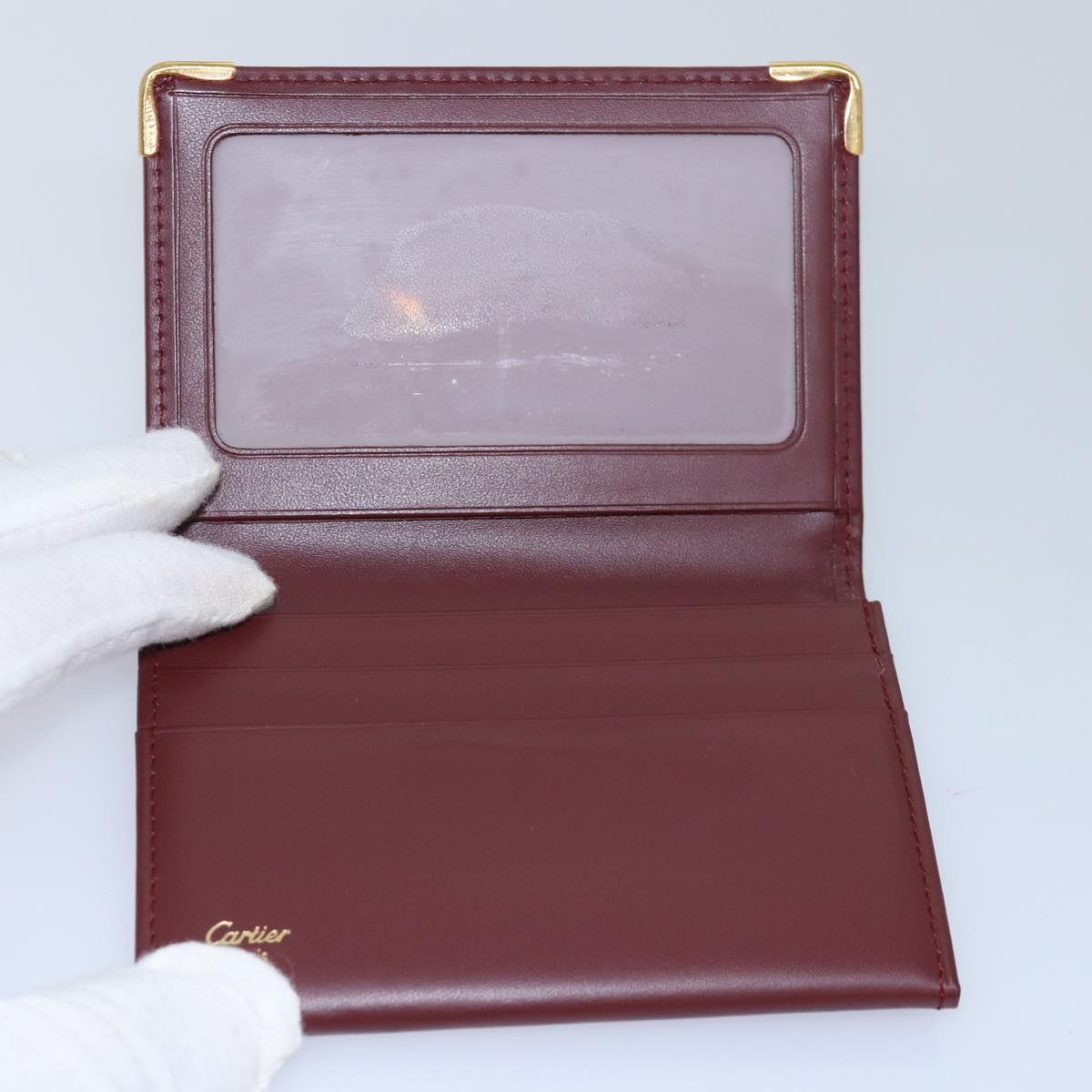 CARTIER Card Case Leather Wine Red Auth 78617