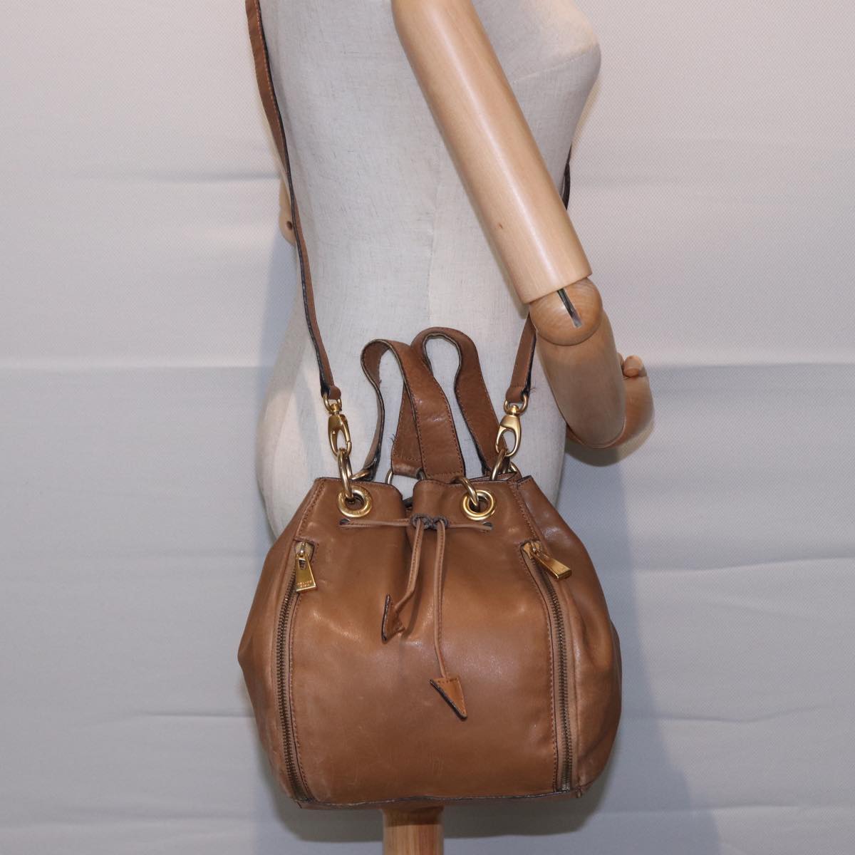 CELINE Hand Bag Leather 2way Beige Auth 78642