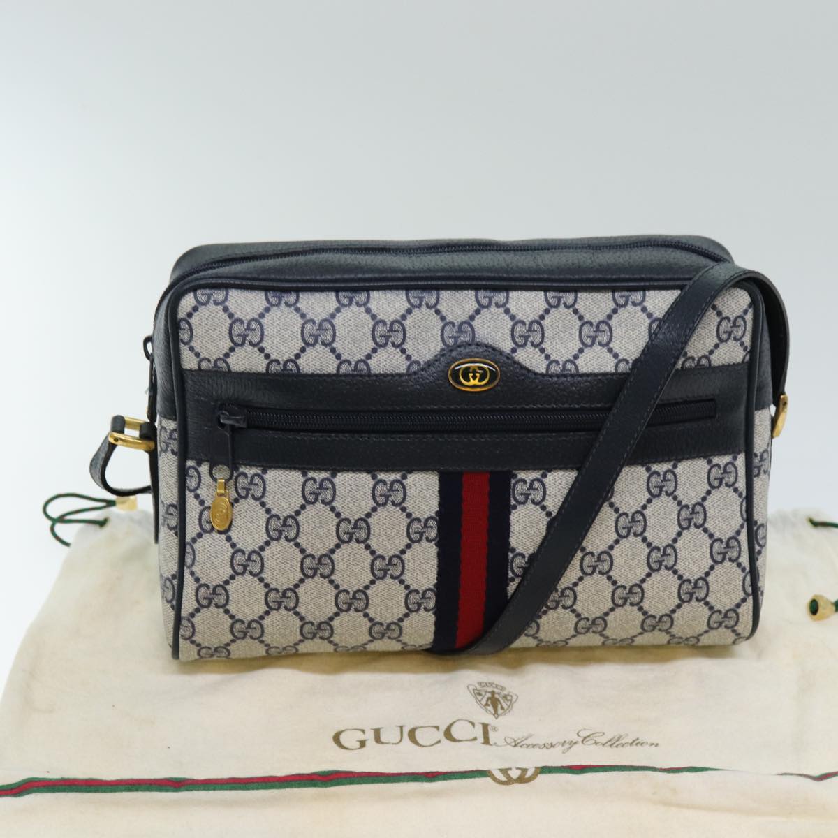 GUCCI GG Supreme Sherry Line Shoulder Bag PVC Navy Red 32 02 005 Auth 78758