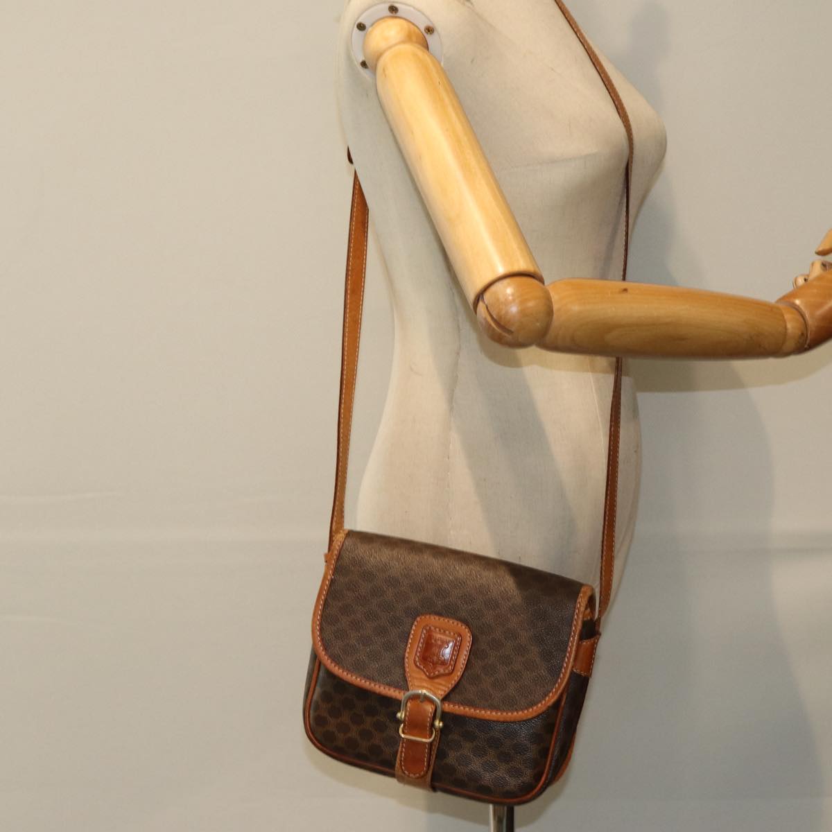 CELINE Macadam Canvas Shoulder Bag PVC Leather Brown Auth 78765