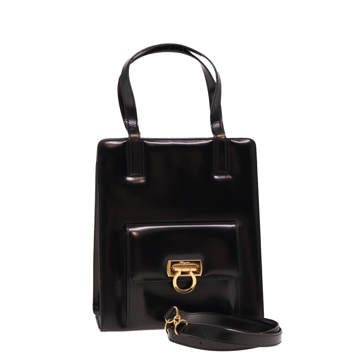 Salvatore Ferragamo Gancini Shoulder Bag Enamel Black Auth 78769