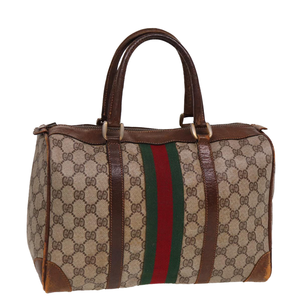 GUCCI GG Supreme Web Sherry Line Boston Bag PVC Beige Red Green Auth 78775