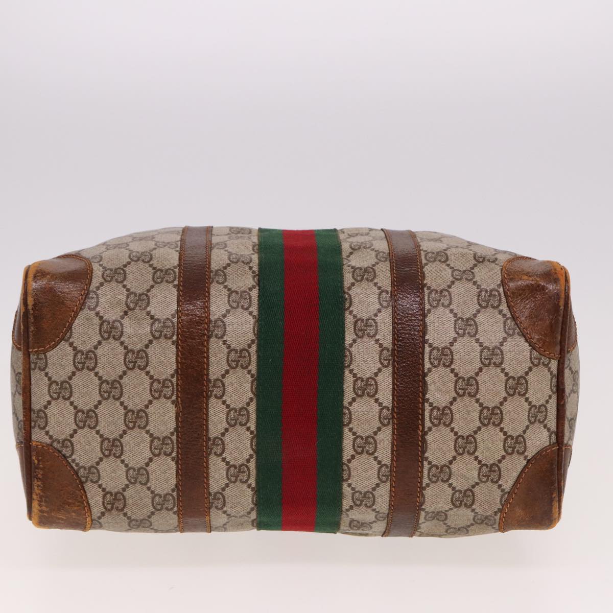 GUCCI GG Supreme Web Sherry Line Boston Bag PVC Beige Red Green Auth 78775