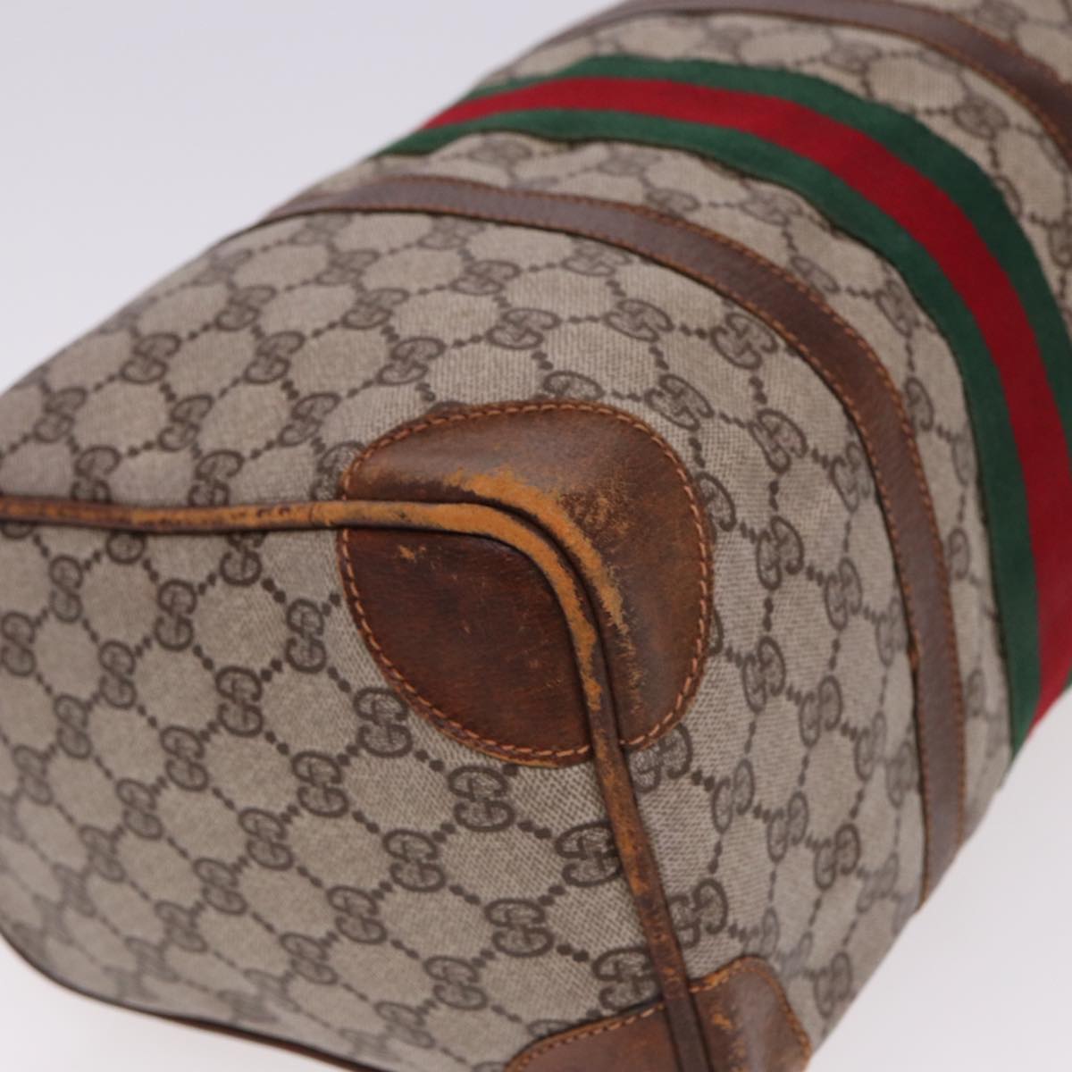 GUCCI GG Supreme Web Sherry Line Boston Bag PVC Beige Red Green Auth 78775