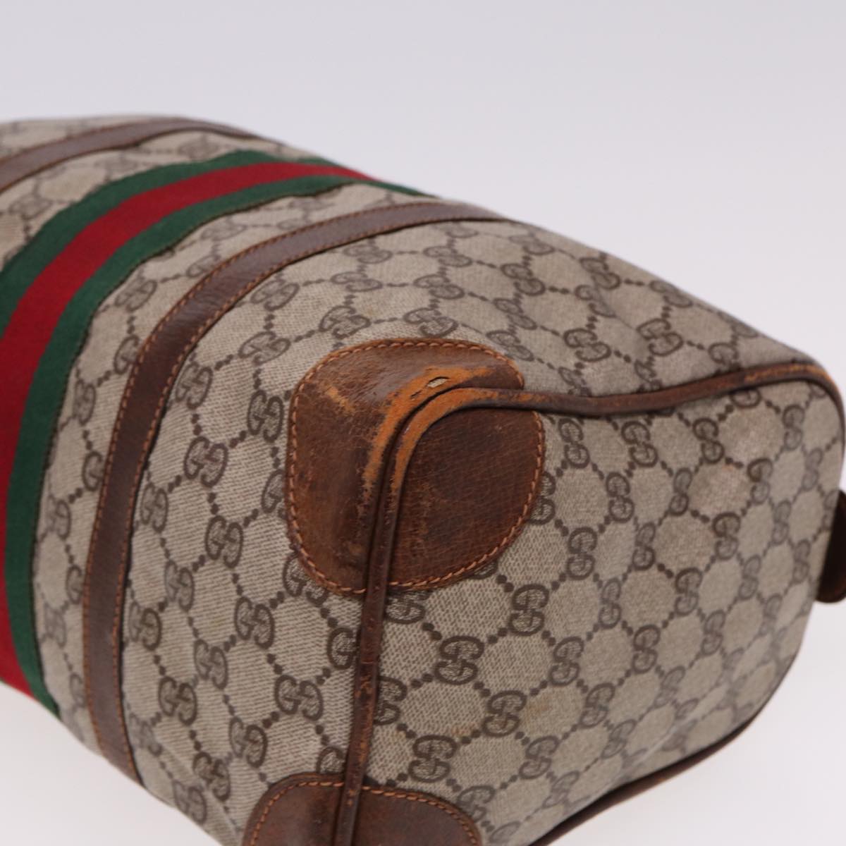 GUCCI GG Supreme Web Sherry Line Boston Bag PVC Beige Red Green Auth 78775