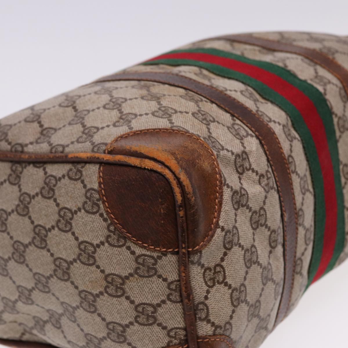 GUCCI GG Supreme Web Sherry Line Boston Bag PVC Beige Red Green Auth 78775