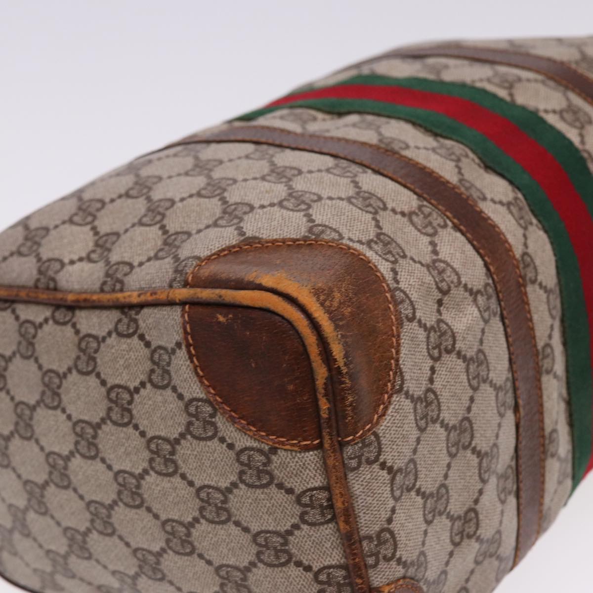 GUCCI GG Supreme Web Sherry Line Boston Bag PVC Beige Red Green Auth 78775