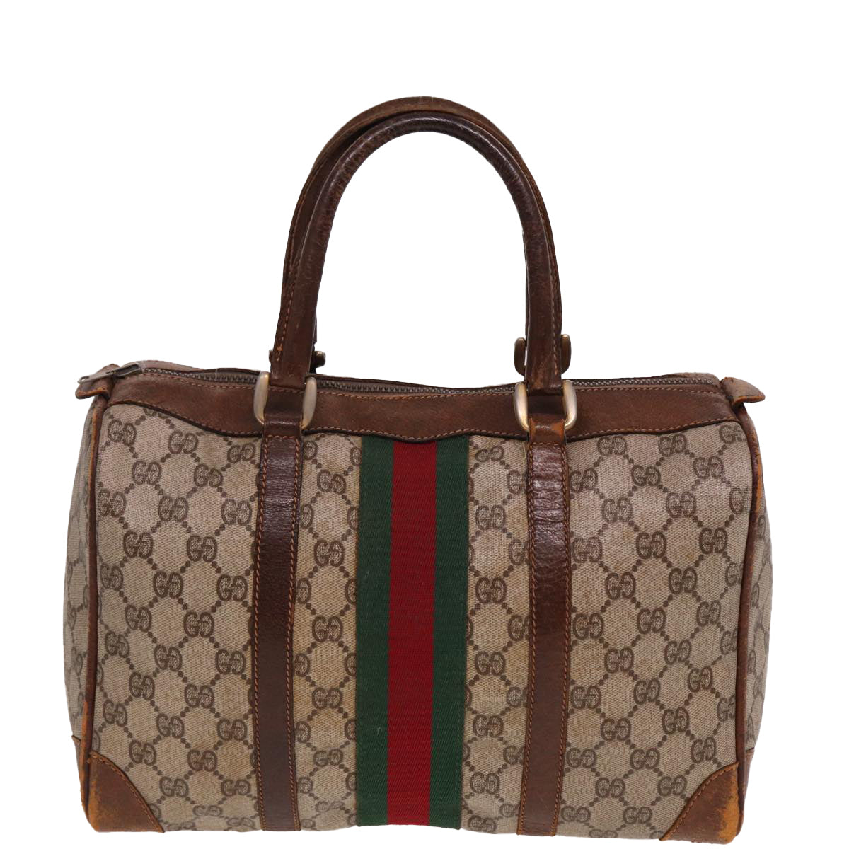 GUCCI GG Supreme Web Sherry Line Boston Bag PVC Beige Red Green Auth 78775 - 0