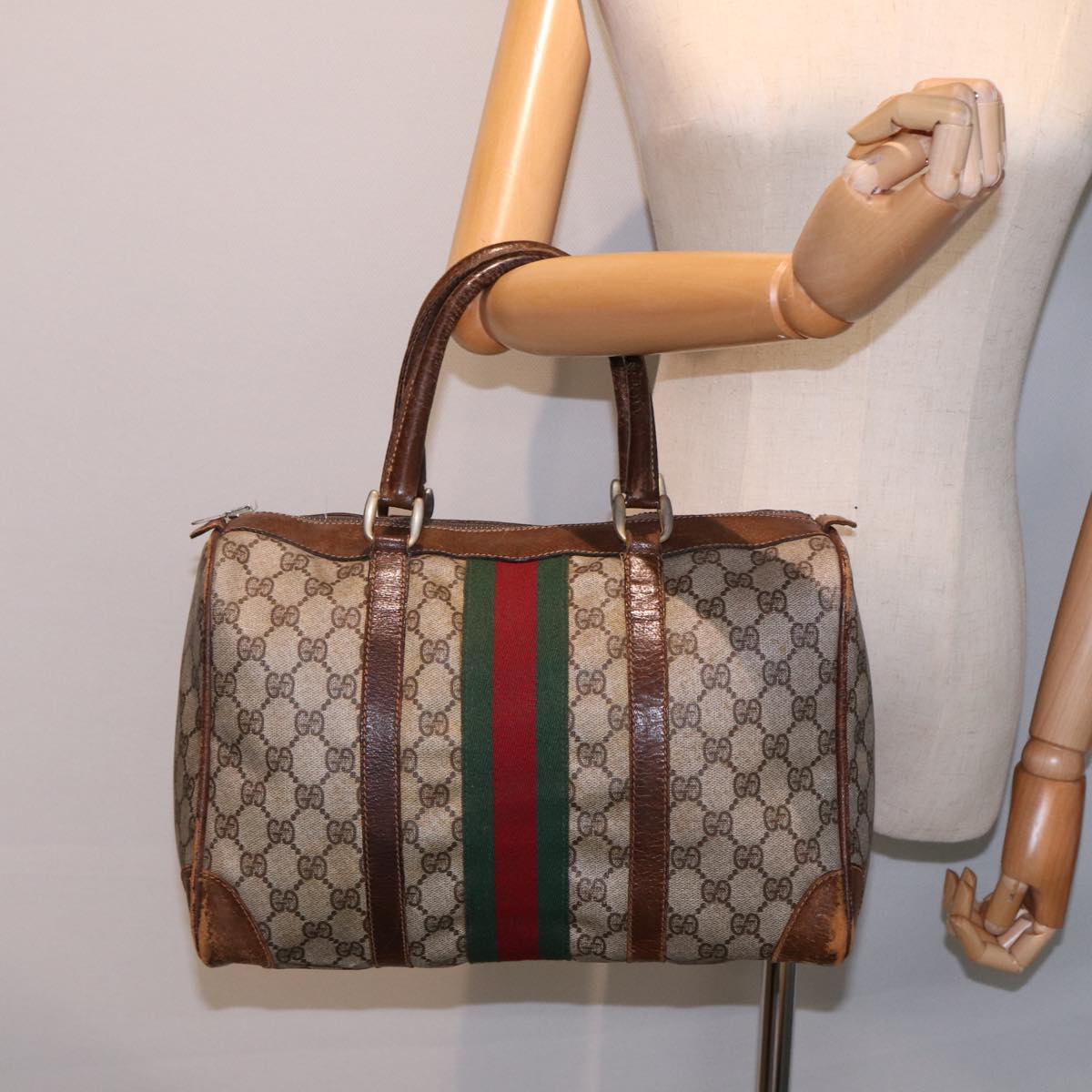 GUCCI GG Supreme Web Sherry Line Boston Bag PVC Beige Red Green Auth 78775